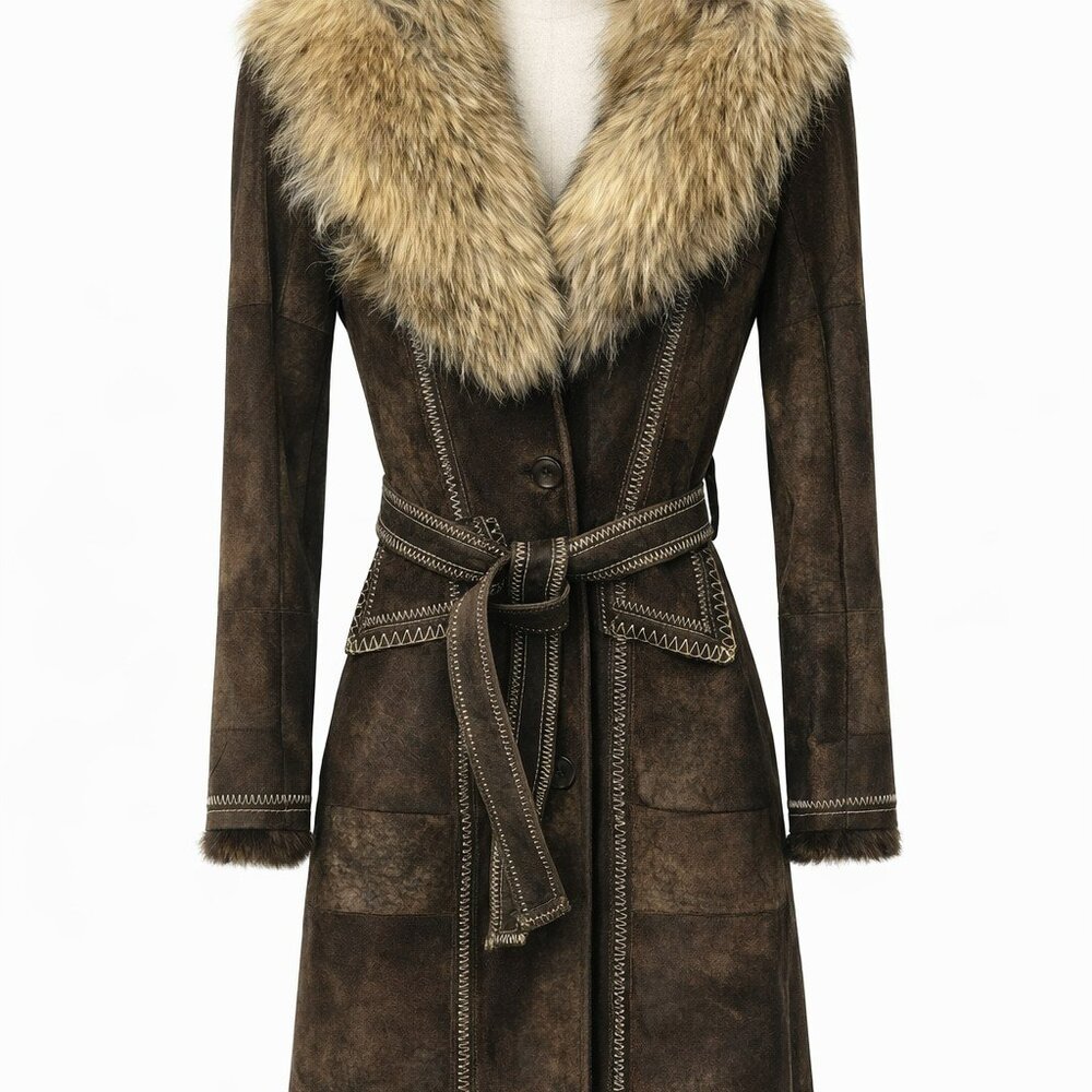 Real Rabbit Fur Coat with Fox Fur Collar & Leather